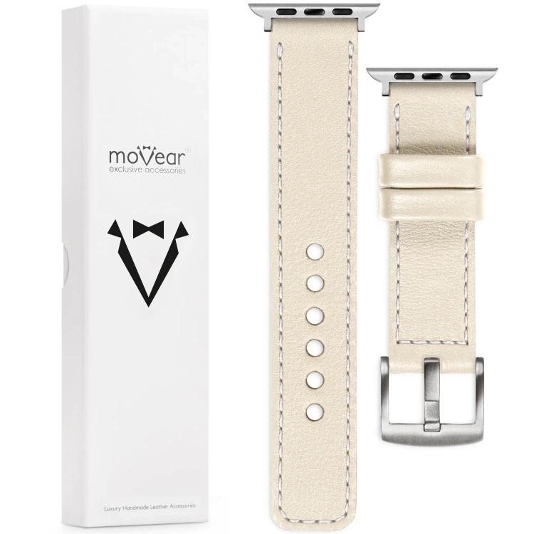 moVear Prestige C1 Skórzany pasek 22mm do Apple Watch 10 / 9 / 8 / 7 / 6 / 5 / 4 / SE (42/41/40mm) | Beżowy, białe przeszycie [rozmiary XS-XXL i klamra do wyboru]