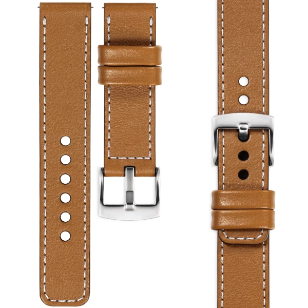 moVear Prestige C1 Skórzany pasek 22mm do zegarka | Jasnobrązowy, białe przeszycie [rozmiary XS-XXL i klamra do wyboru]