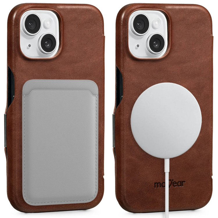 moVear flipSide 4C skórzane etui do Apple iPhone 15 (6,1") | Skóra naturalna olejowana (Ciemnobrązowa)