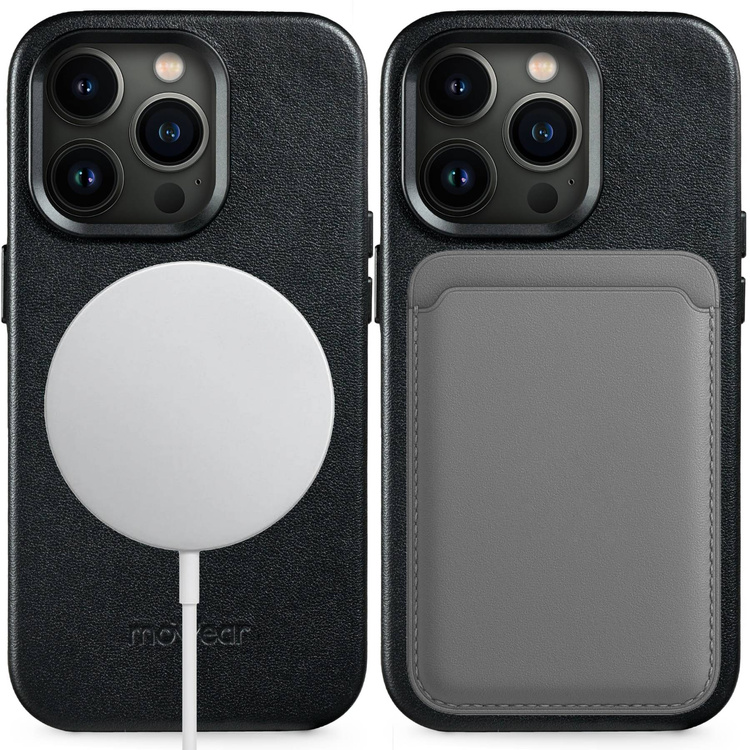 moVear backCover 4S Skórzane plecki do Apple iPhone 14 Pro (6.1") | kompatybilne z MagSafe, Skóra naturalna gładka (Czarna)