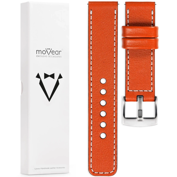 moVear Prestige C1 Skórzany pasek 22mm do zegarka | Pomarańczowy, białe przeszycie [rozmiary XS-XXL i klamra do wyboru]