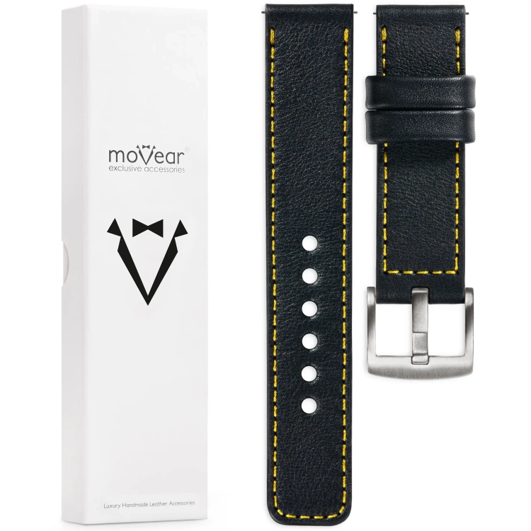 moVear Prestige C1 Skórzany pasek 20mm do zegarka | Czarny, żółte przeszycie [rozmiary XS-XXL i klamra do wyboru]
