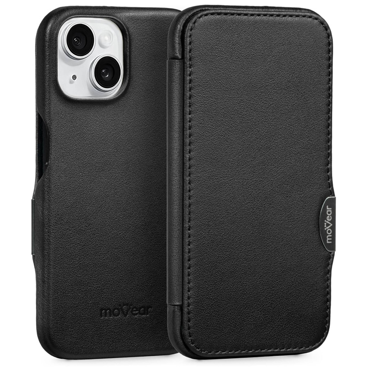 moVear flipSide 4C skórzane etui do Apple iPhone 15 (6,1") | Skóra naturalna gładka (Czarna)