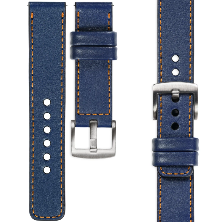 moVear Prestige C1 Skórzany pasek 22mm do zegarka | Granatowy, pomarańczowe przeszycie [rozmiary XS-XXL i klamra do wyboru]