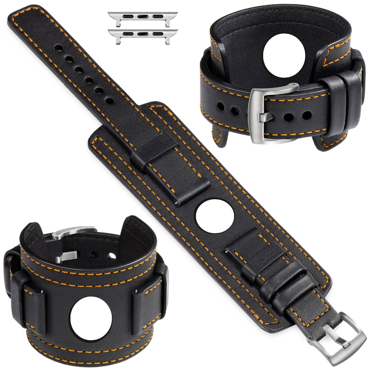 moVear Prestige CW1 Szeroki skórzany pasek 24mm do Apple Watch 10 / 9 / 8 / 7 / 6 / 5 / 4 / SE (46/45/44mm) & Ultra (49mm) | Czarny, pomarańczowe przeszycie [rozmiary XS-XXL i klamra do wyboru]