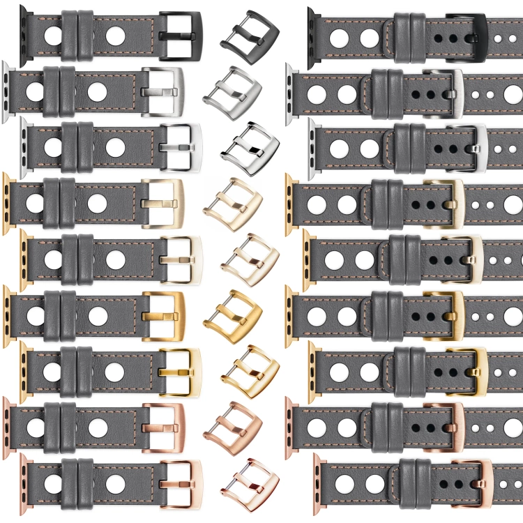 moVear Prestige R1 Skórzany pasek 22mm do Apple Watch 10 / 9 / 8 / 7 / 6 / 5 / 4 / SE (46/45/44mm) & Ultra (49mm) | Szary, różowe złoto przeszycie [rozmiary XS-XXL i klamra do wyboru]