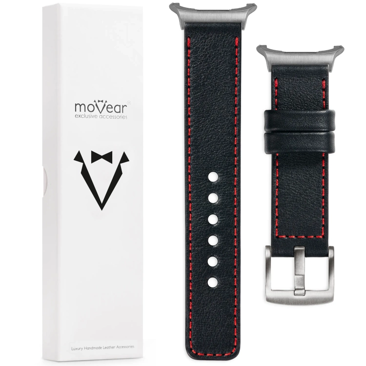 moVear Prestige C1 Skórzany pasek 22mm do Samsung Galaxy Watch Ultra | Czarny, czerwone przeszycie [rozmiary XS-XXL i klamra do wyboru]