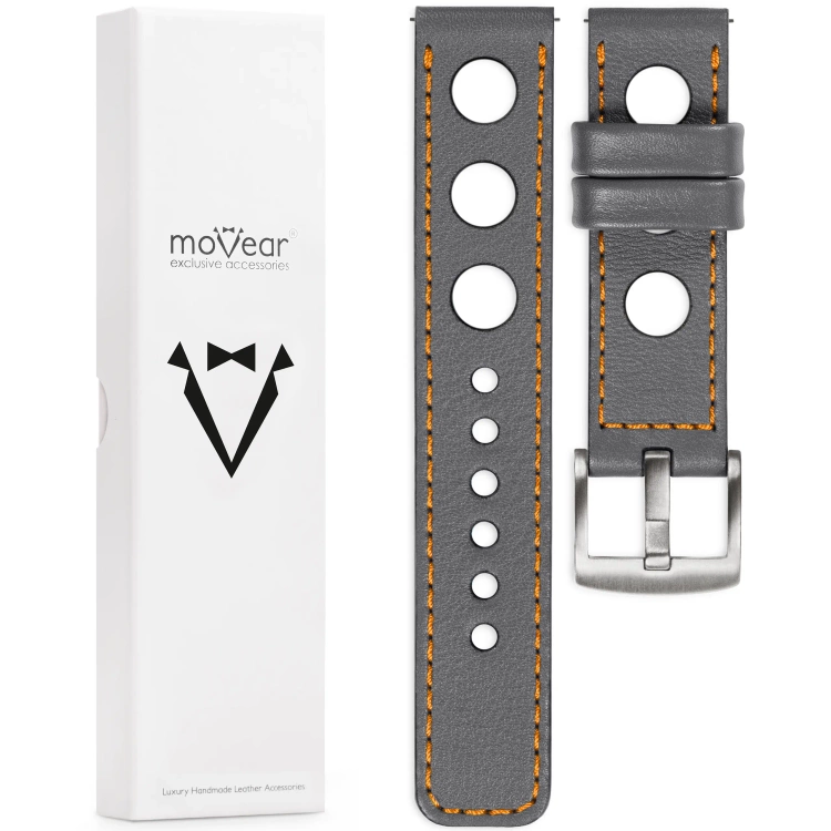 moVear Prestige R1 Skórzany pasek 26mm do zegarka | Szary, pomarańczowe przeszycie [rozmiary XS-XXL i klamra do wyboru]