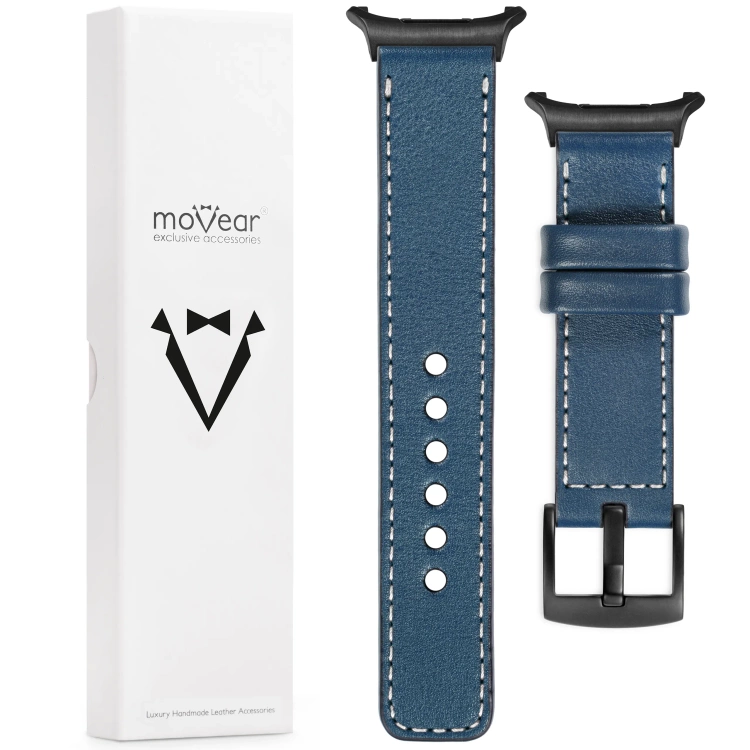 moVear Prestige C1 Skórzany pasek 22mm do Samsung Galaxy Watch Ultra | Niebieski jeans, białe przeszycie [rozmiary XS-XXL i klamra do wyboru]