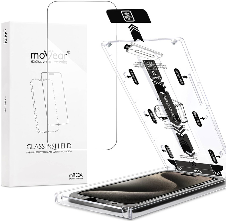 moVear mBOX GLASS mSHIELD 2.5D do Apple iPhone 16 / 15 / 15 Pro (6.1") (łatwy montaż)