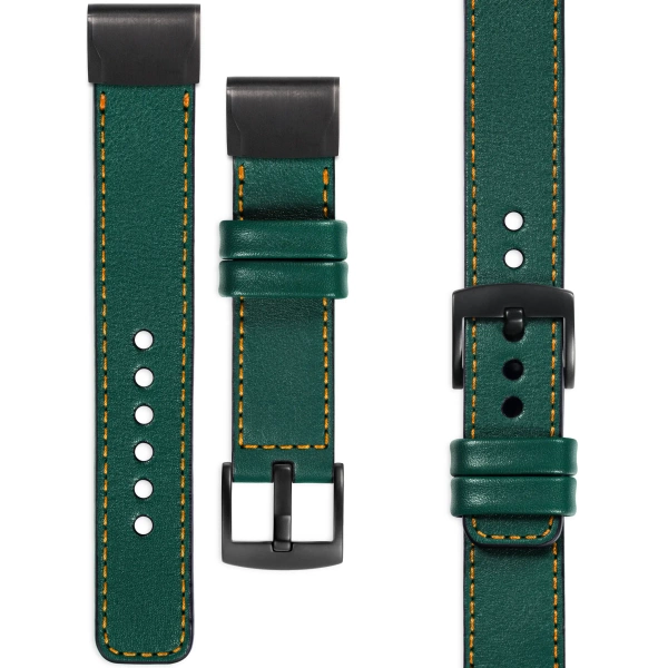 moVear Prestige C1 Skórzany pasek do Garmin QuickFit 22mm (Fenix / Forerunner / Epix / Instinct / Enduro / Quatix / MARQ - 47/45mm) | Zielony butelkowy, pomarańczowe przeszycie [rozmiary XS-XXL i klamra do wyboru]