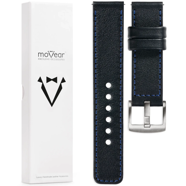 moVear Prestige C1 Skórzany pasek 20mm do zegarka | Czarny, granatowe przeszycie [rozmiary XS-XXL i klamra do wyboru]