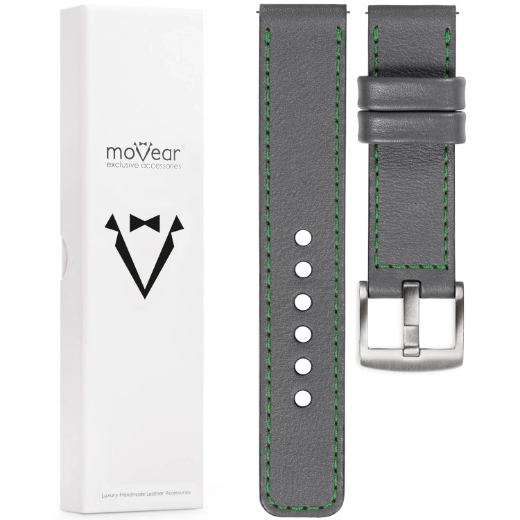 moVear Prestige C1 Skórzany pasek 24mm do zegarka | Szary, zielone przeszycie [rozmiary XS-XXL i klamra do wyboru]