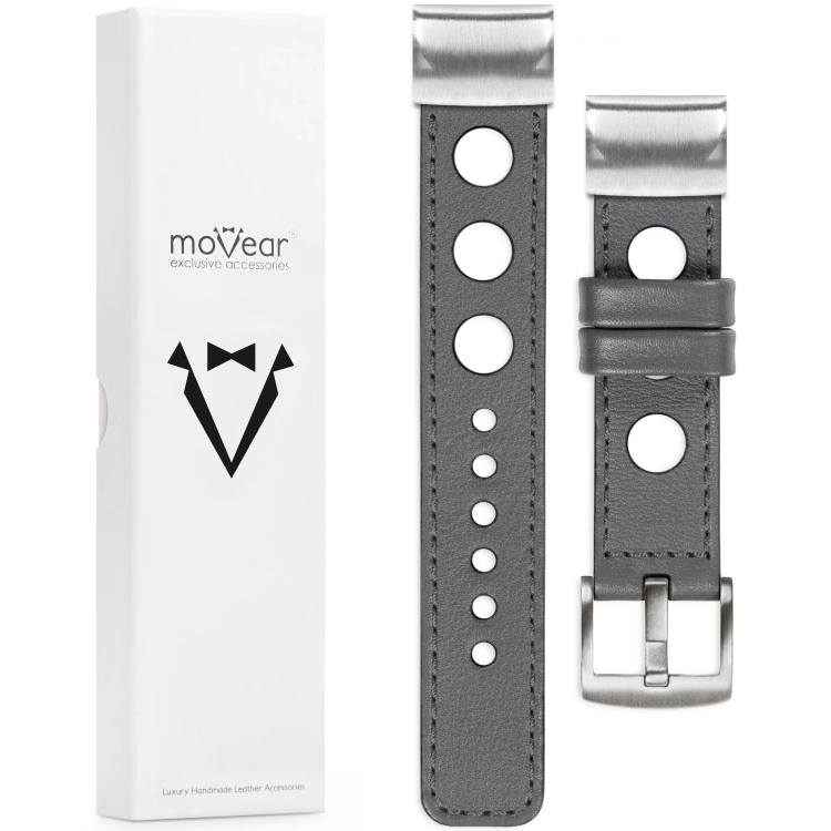 moVear Prestige R1 Skórzany pasek do Garmin QuickFit 22mm (Fenix / Forerunner / Epix / Instinct / Enduro / Quatix / MARQ - 47/45mm) | Szary, grafitowe przeszycie [rozmiary XS-XXL i klamra do wyboru]