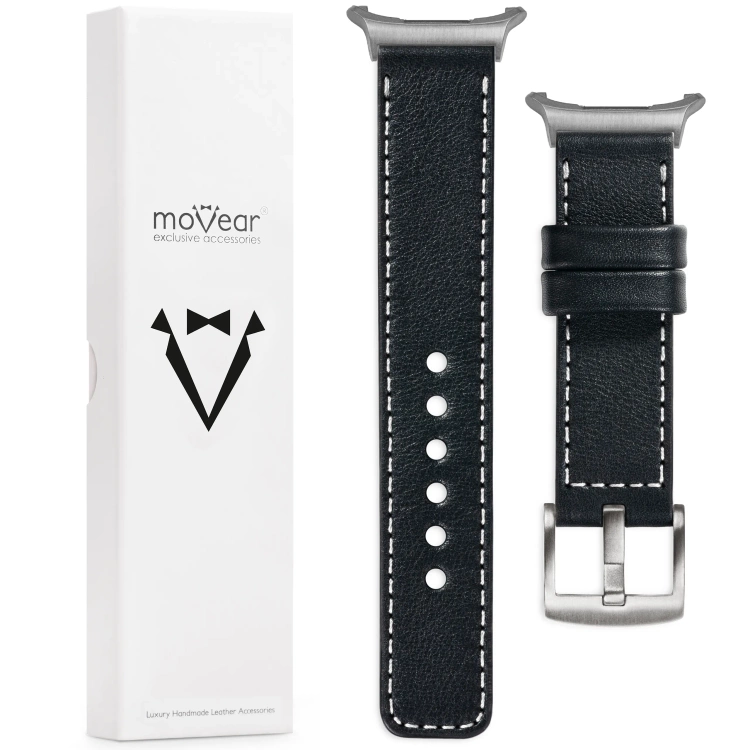 moVear Prestige C1 Skórzany pasek 24mm do Samsung Galaxy Watch Ultra | Czarny, białe przeszycie [rozmiary XS-XXL i klamra do wyboru]