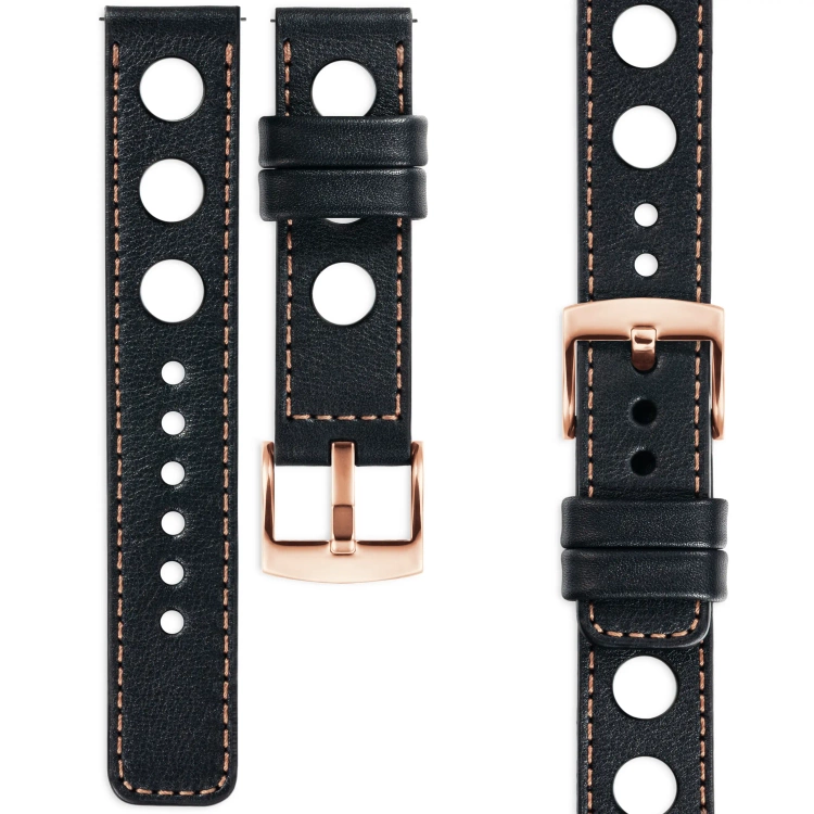 moVear Prestige R1 Skórzany pasek 22mm do zegarka | Czarny, różowe złoto przeszycie [rozmiary XS-XXL i klamra do wyboru]