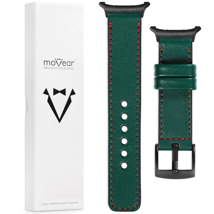 moVear Prestige C1 Skórzany pasek 22mm do Samsung Galaxy Watch Ultra | Zielony butelkowy, czerwone przeszycie [rozmiary XS-XXL i klamra do wyboru]