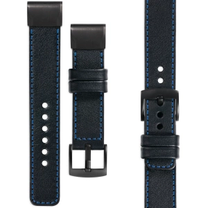 moVear Prestige C1 Skórzany pasek do Garmin QuickFit 22mm (Fenix / Forerunner / Epix / Instinct / Enduro / Quatix / MARQ - 47/45mm) | Czarny, niebieskie przeszycie [rozmiary XS-XXL i klamra do wyboru]