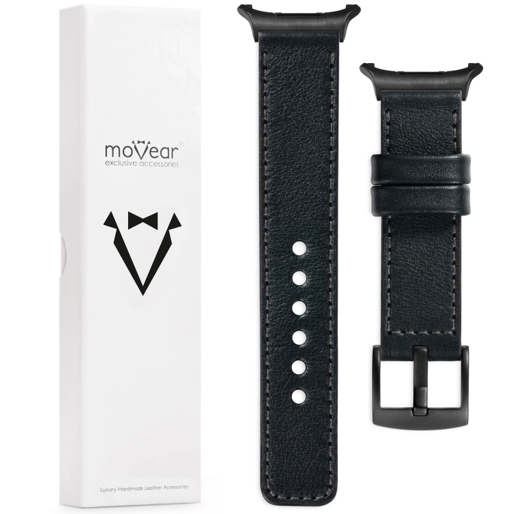 moVear Prestige C1 Skórzany pasek 22mm do Samsung Galaxy Watch Ultra | Czarny, grafitowe przeszycie [rozmiary XS-XXL i klamra do wyboru]