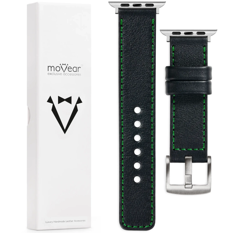 moVear Prestige C1 Skórzany pasek 22mm do Apple Watch 10 / 9 / 8 / 7 / 6 / 5 / 4 / SE (46/45/44mm) & Ultra (49mm) | Czarny, zielone przeszycie [rozmiary XS-XXL i klamra do wyboru]