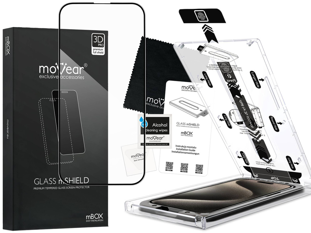 moVear mBOX GLASS mSHIELD 3D PRO do Apple iPhone 15 Pro (6.1") (łatwy montaż)