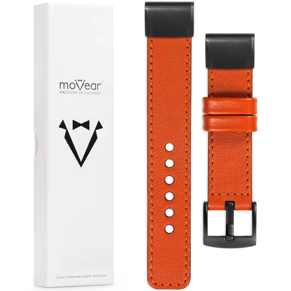 moVear Prestige C1 Skórzany pasek do Garmin QuickFit 22mm (Fenix / Forerunner / Epix / Instinct / Enduro / Quatix / MARQ - 47/45mm) | Pomarańczowy, ciemnopomarańczowe przeszycie [rozmiary XS-XXL i klamra do wyboru]