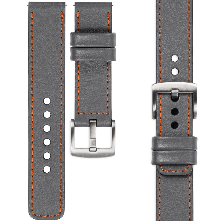 moVear Prestige C1 Skórzany pasek 20mm do zegarka | Szary, ciemnopomarańczowe przeszycie [rozmiary XS-XXL i klamra do wyboru]