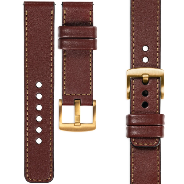 moVear Prestige C1 Skórzany pasek 26mm do zegarka | Kasztanowy, złote przeszycie [rozmiary XS-XXL i klamra do wyboru]