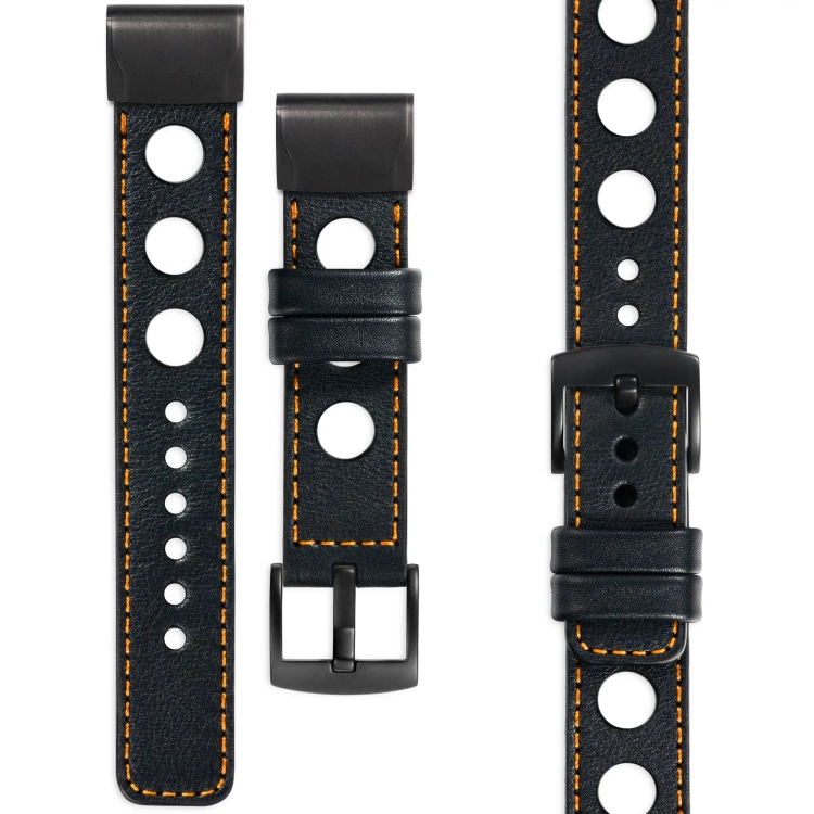 moVear Prestige R1 Skórzany pasek do Garmin QuickFit 22mm (Fenix / Forerunner / Epix / Instinct / Enduro / Quatix / MARQ - 47/45mm) | Czarny, pomarańczowe przeszycie [rozmiary XS-XXL i klamra do wyboru]