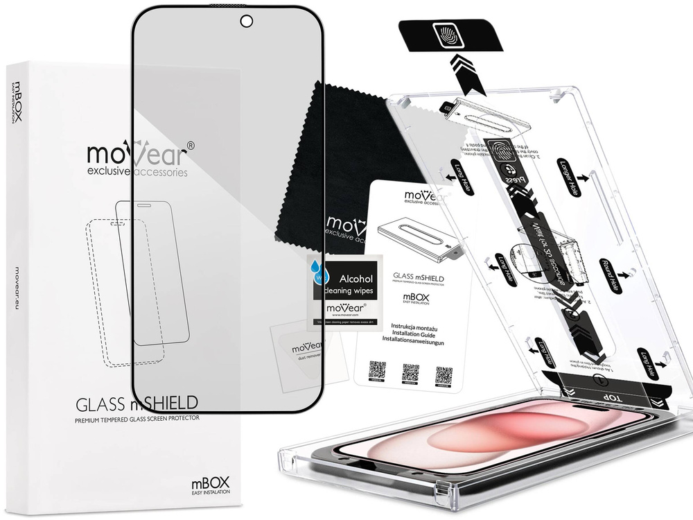 moVear mBOX GLASS mSHIELD 2.5D MAX privacy do Apple iPhone 16 / 15 (6,1") (Anty spy, z Aplikatorem)