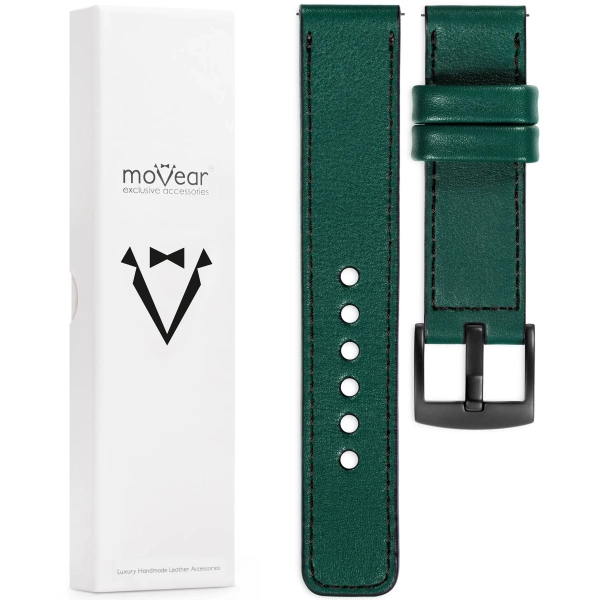 moVear Prestige C1 Skórzany pasek 18mm do zegarka | Zielony butelkowy, czarne przeszycie [rozmiary XS-XXL i klamra do wyboru]