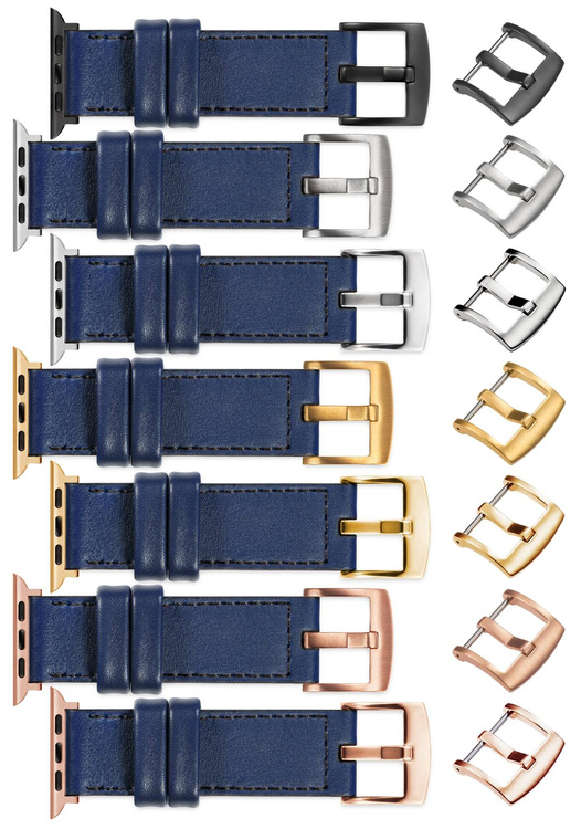 moVear Prestige CW1 Szeroki skórzany pasek 24mm do Apple Watch 10 / 9 / 8 / 7 / 6 / 5 / 4 / SE (46/45/44mm) & Ultra (49mm) | Granatowy, czarne przeszycie [rozmiary XS-XXL i klamra do wyboru]
