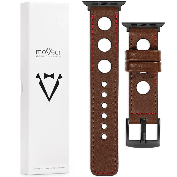 moVear Prestige R1 Skórzany pasek 22mm do Apple Watch 10 / 9 / 8 / 7 / 6 / 5 / 4 / SE (46/45/44mm) & Ultra (49mm) | Ciemnobrązowy, czerwone przeszycie [rozmiary XS-XXL i klamra do wyboru]