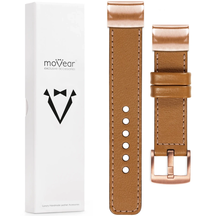 moVear Prestige C1 Skórzany pasek do Garmin QuickFit 20mm (Fenix / Instinct - 43/42/40mm) | Jasnobrązowy, różowe złoto przeszycie [rozmiary XS-XXL i klamra do wyboru]