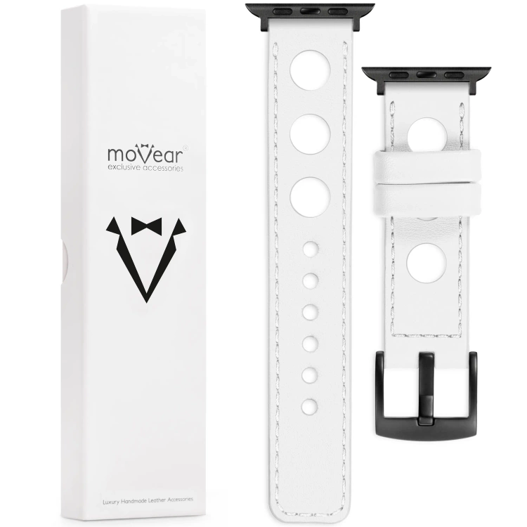 moVear Prestige R1 Skórzany pasek 22mm do Apple Watch 10 / 9 / 8 / 7 / 6 / 5 / 4 / SE (46/45/44mm) & Ultra (49mm) | Biały, białe przeszycie [rozmiary XS-XXL i klamra do wyboru]