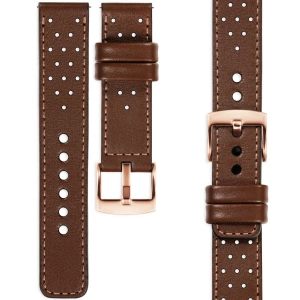 moVear Prestige R2 Skórzany pasek 20mm do Samsung Galaxy Watch 7 / 6 / 5 / 4 / 3 & Pro / FE / Classic / Active | Ciemnobrązowy, różowe złoto przeszycie [rozmiary XS-XXL i klamra do wyboru]