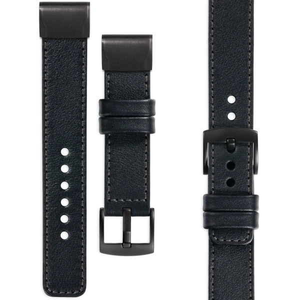 moVear Prestige C1 Skórzany pasek do Garmin QuickFit 22mm (Fenix / Forerunner / Epix / Instinct / Enduro / Quatix / MARQ - 47/45mm) | Czarny, grafitowe przeszycie [rozmiary XS-XXL i klamra do wyboru]