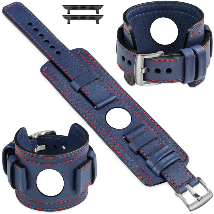 moVear Prestige CW1 Szeroki skórzany pasek 24mm do Apple Watch 10 / 9 / 8 / 7 / 6 / 5 / 4 / SE (46/45/44mm) & Ultra (49mm) | Granatowy, czerwone przeszycie [rozmiary XS-XXL i klamra do wyboru]