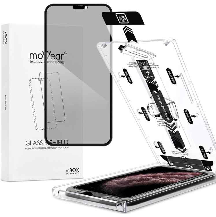 moVear mBOX GLASS mSHIELD 2.5D MAX privacy do Apple iPhone 11 Pro Max / Xs MAX (6.5") (Anty spy, z Aplikatorem)