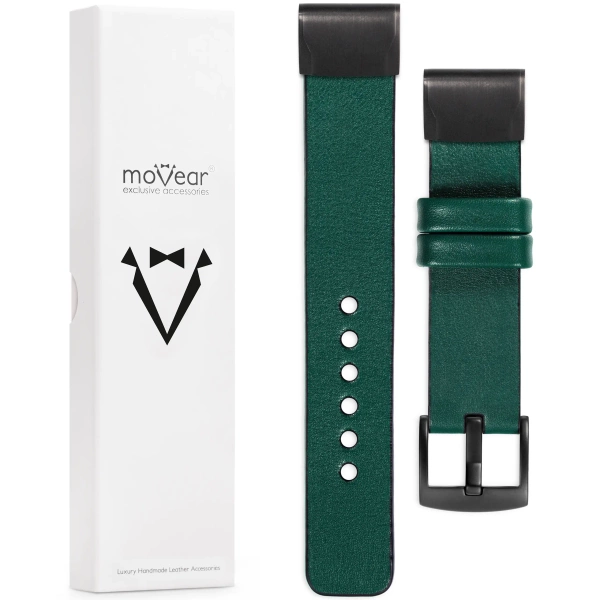 moVear Prestige S1 Skórzany pasek do Garmin QuickFit 22mm (Fenix / Forerunner / Epix / Instinct / Enduro / Quatix / MARQ - 47/45mm) | Zielony butelkowy [rozmiary XS-XXL i klamra do wyboru]