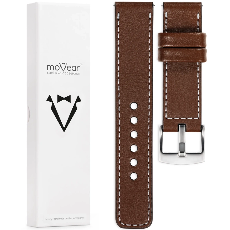 moVear Prestige C1 Skórzany pasek 22mm do zegarka | Ciemnobrązowy, białe przeszycie [rozmiary XS-XXL i klamra do wyboru]