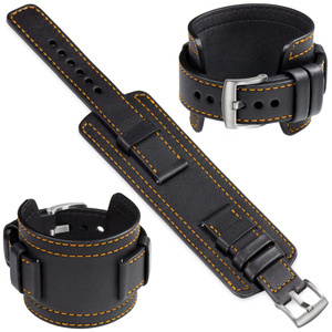 moVear Prestige CW1 Szeroki skórzany pasek 22mm do zegarka | Czarny, pomarańczowe przeszycie [rozmiary XS-XXL i klamra do wyboru]