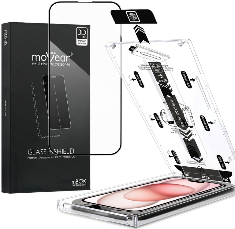 moVear mBOX GLASS mSHIELD 3D PRO do Apple iPhone 16 / 15 (6,1") (łatwy montaż)