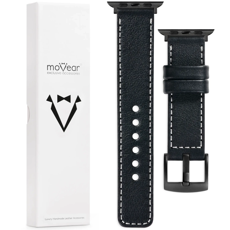 moVear Prestige C1 Skórzany pasek 20mm do Apple Watch 10 / 9 / 8 / 7 / 6 / 5 / 4 / SE (46/45/44mm) & Ultra (49mm) | Czarny, białe przeszycie [rozmiary XS-XXL i klamra do wyboru]