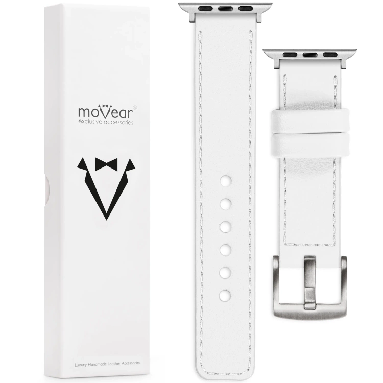 moVear Prestige C1 Skórzany pasek 20mm do Apple Watch 10 / 9 / 8 / 7 / 6 / 5 / 4 / SE (46/45/44mm) & Ultra (49mm) | Biały, białe przeszycie [rozmiary XS-XXL i klamra do wyboru]