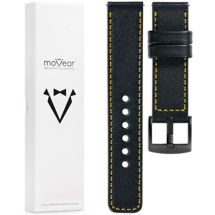 moVear Prestige C1 Skórzany pasek 22mm do zegarka | Czarny, żółte przeszycie [rozmiary XS-XXL i klamra do wyboru]