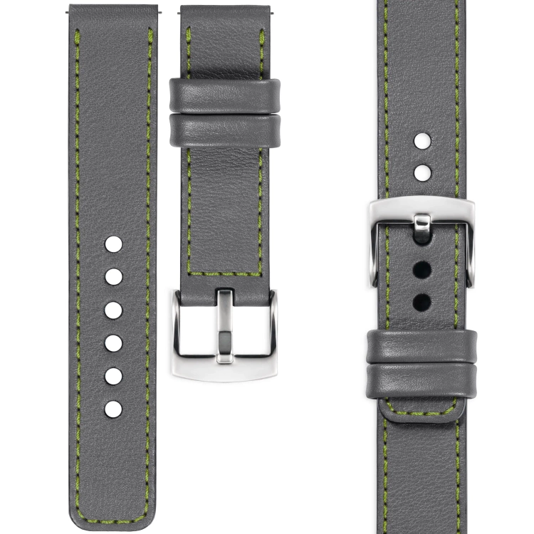 moVear Prestige C1 Skórzany pasek 18mm do zegarka | Szary, limonkowe przeszycie [rozmiary XS-XXL i klamra do wyboru]