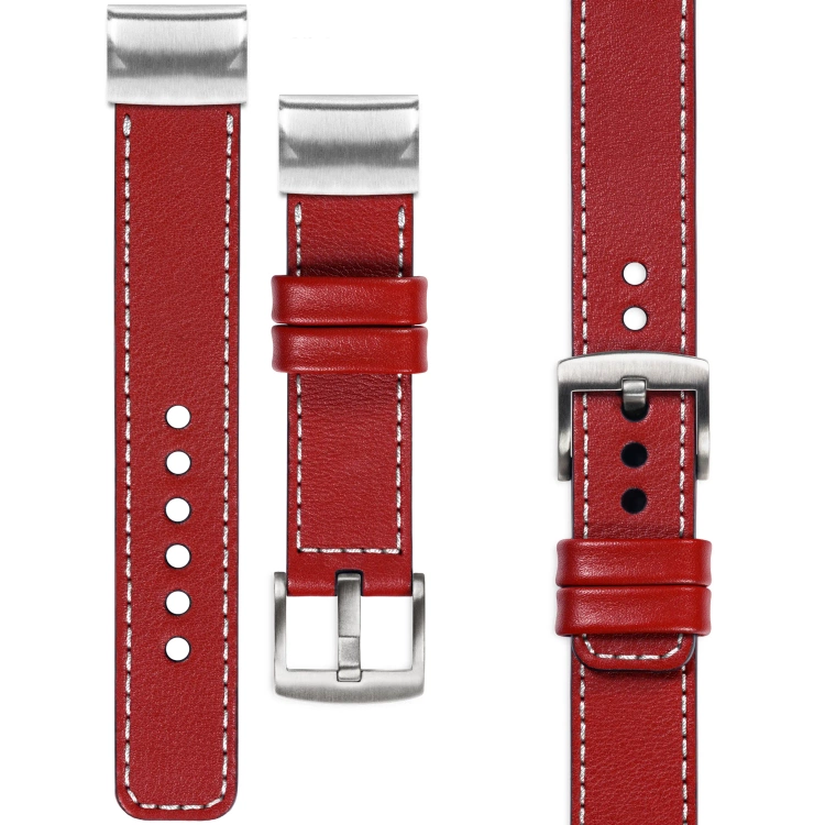 moVear Prestige C1 Skórzany pasek do Garmin QuickFit 26mm (Fenix / Epix / Quatix / Tactix / Enduro - 51mm) | Czerwony szkarłatny, białe przeszycie [rozmiary XS-XXL i klamra do wyboru]