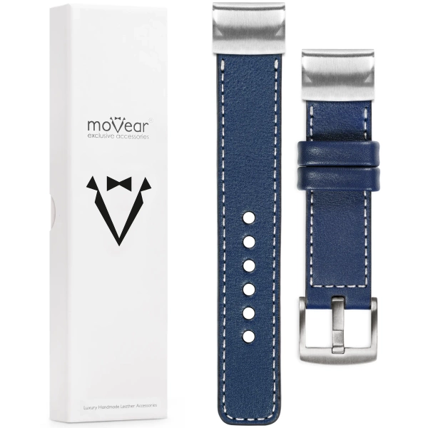 moVear Prestige C1 Skórzany pasek do Garmin QuickFit 22mm (Fenix / Forerunner / Epix / Instinct / Enduro / Quatix / MARQ - 47/45mm) | Granatowy, białe przeszycie [rozmiary XS-XXL i klamra do wyboru]