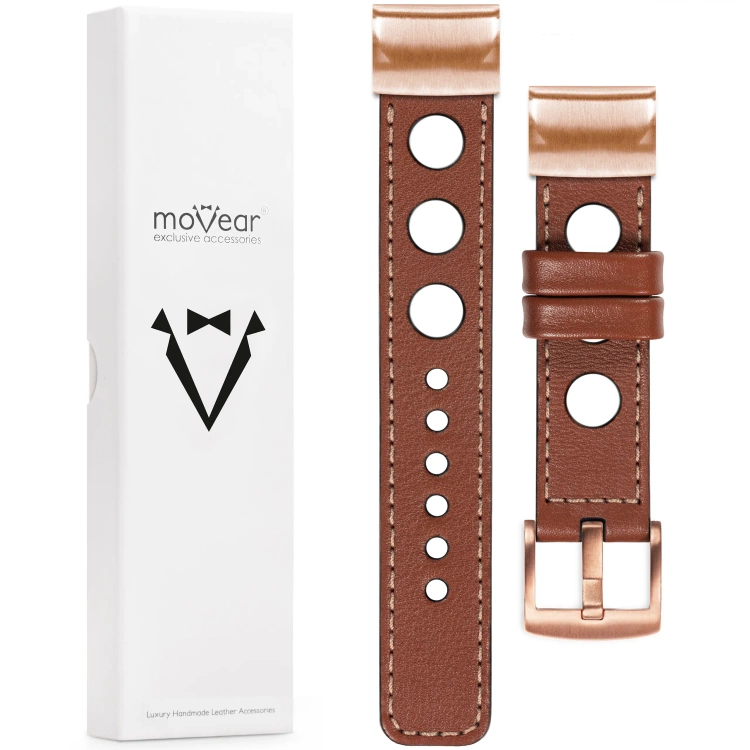 moVear Prestige R1 Skórzany pasek do Garmin QuickFit 20mm (Fenix / Instinct - 43/42/40mm) | Brązowy, różowe złoto przeszycie [rozmiary XS-XXL i klamra do wyboru]